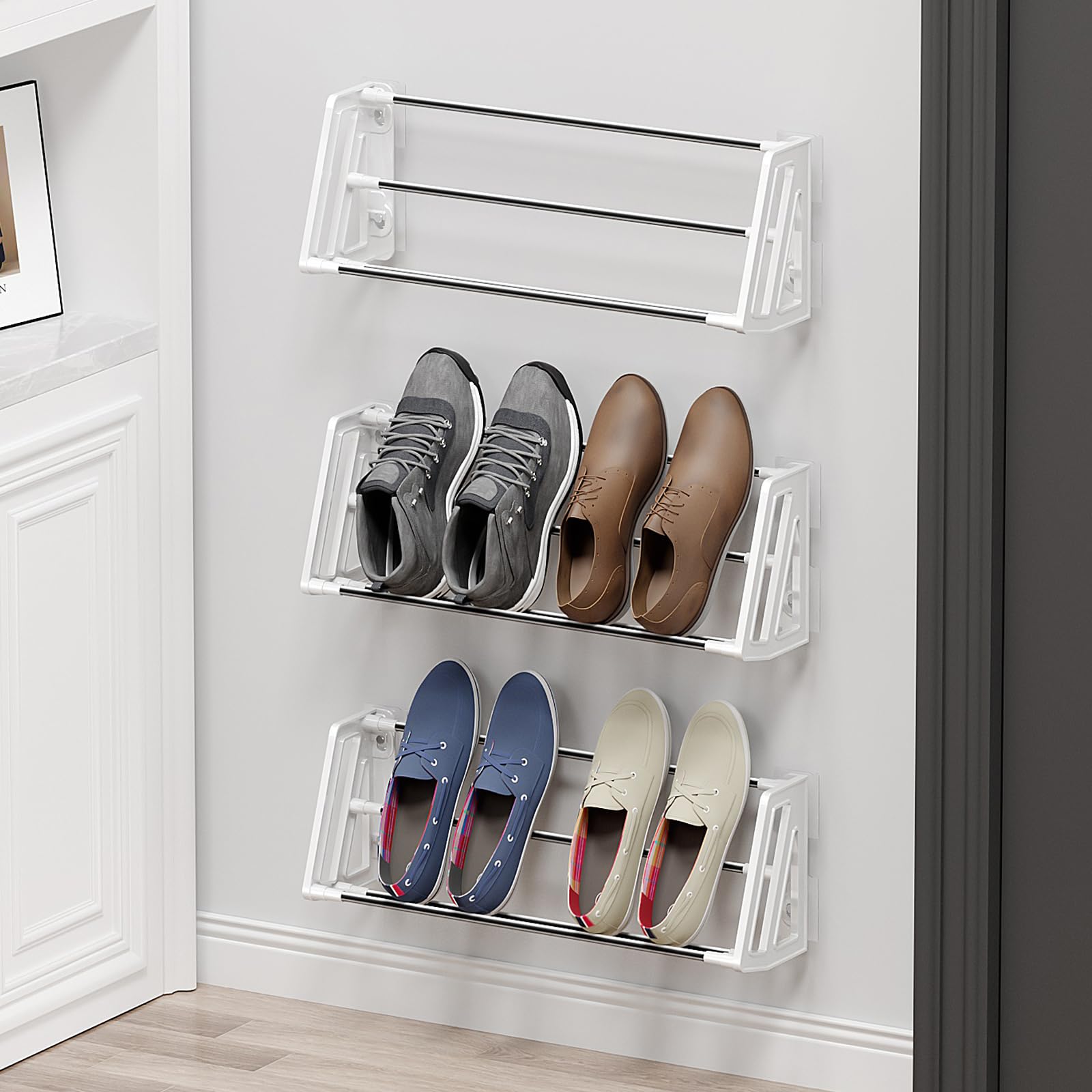 Photo 1 of DEYILIAN Wall Mounted Shoe Rack, 3 Pack Wall Shoe Rack Holds 6 Pairs of Shoes with Sticky Adhesive Strips Shoe Organizer Space Saving Wall Mount Shoe Storage for Camper Shoe Hanger White