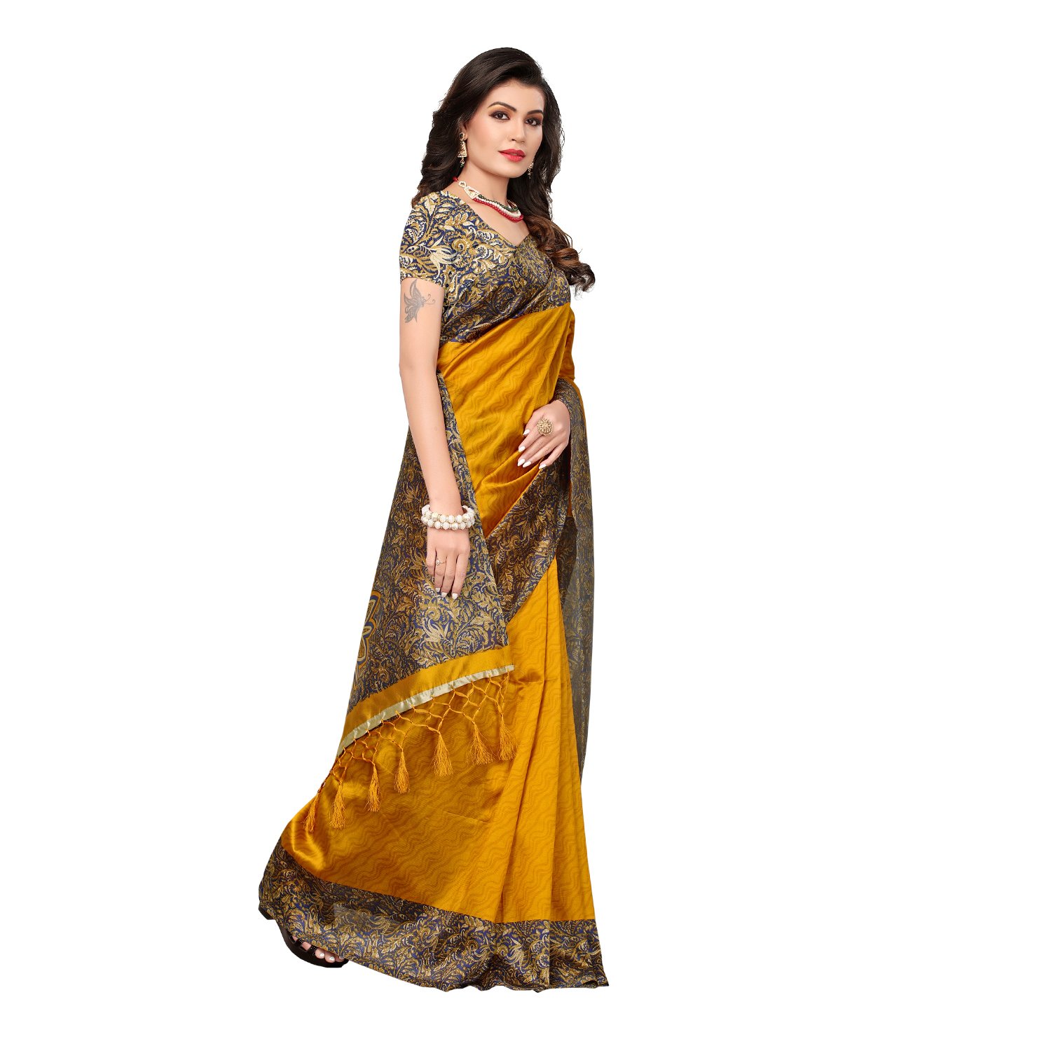 mrinalika fashion women's art silk saree with blouse piece (srja007_yellow)