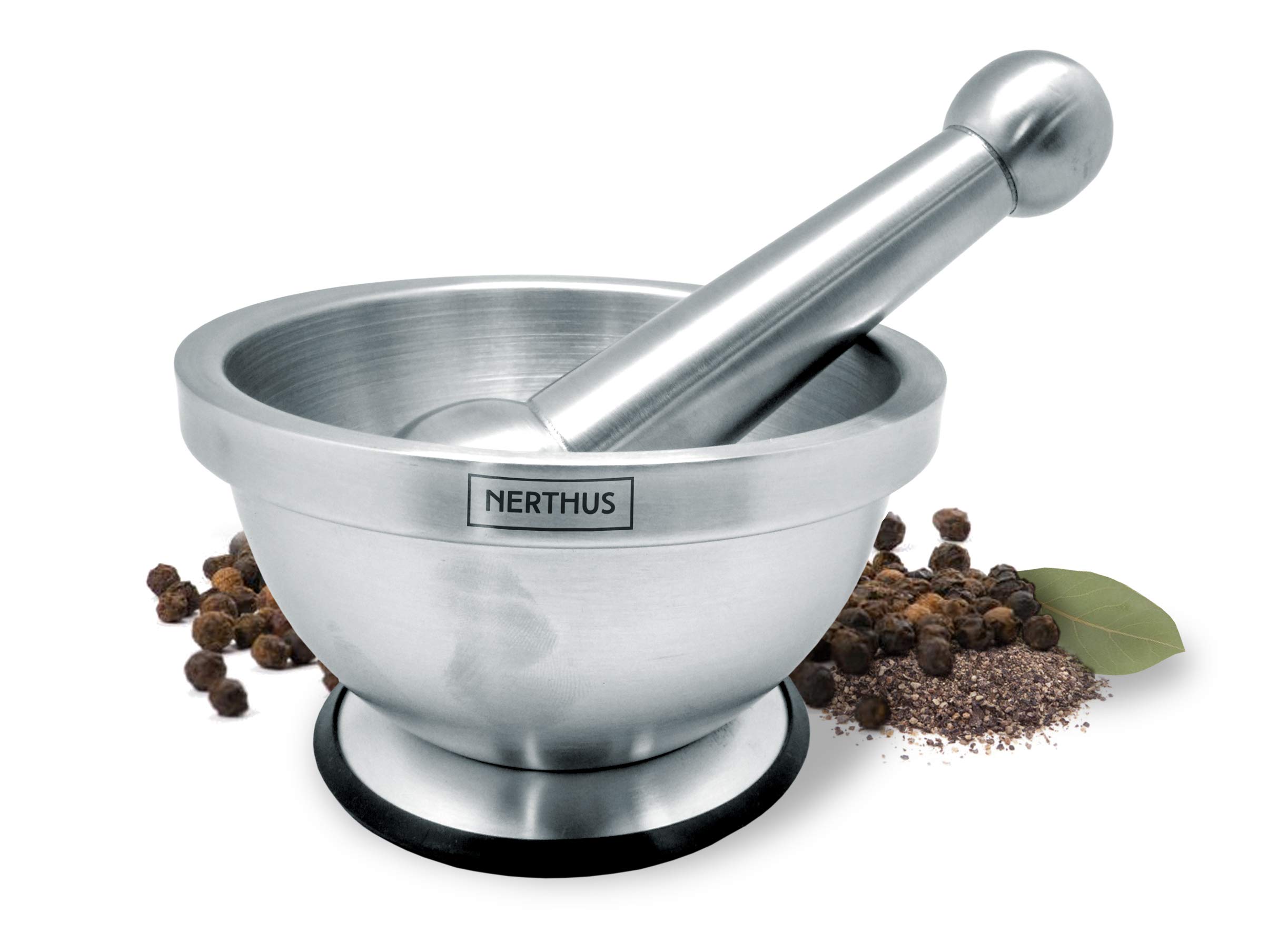 Nerthus FIH 020 Mortar & pestle. Includes a rubber base that prevents slipping, 17 x 8.5 x 15.5, metallic silver