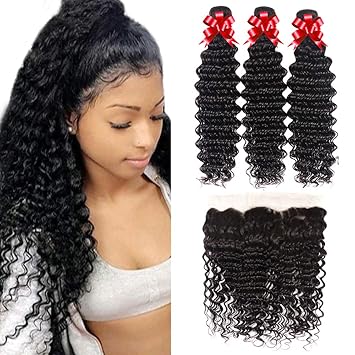Amazon Com Brazilian Hair Deep Wave 3 Bundles With Frontal 100