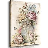Vintage Rose Floral Canvas Wall Art Pink Victorian Wildflowers Botanical Painting Pictures Wall Decor Mason Jar Floral Poster Prints Artwork for Living Bedroom Room Bathroom 12x16in Wrapped Canvas