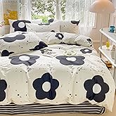 LIWHENHAO Floral Duvet Cover Set Twin 100% Cotton Bedding Cartoon Black and White Flower Print 1 Kawaii Botanical Comforter Cover Zipper Closure 2 Pillowcases for Kids Girls Boys