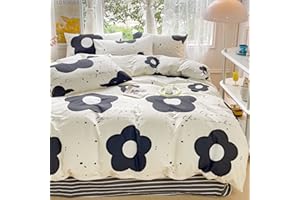 LIWHENHAO Floral Duvet Cover Set Queen 100% Cotton Bedding Cartoon Black and White Flower Print 1 Kawaii Botanical Comforter Cover Full Zipper Closure 2 Pillowcases for Kids Girls Boys Woman