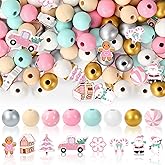 Whaline 220Pcs Christmas Wooden Beads 16 Styles Pink Xmas Pattern Decorative Wood Beads Multi-Color Round Loose Beads for Tried Tray Winter Farmhouse Decor DIY Crafts