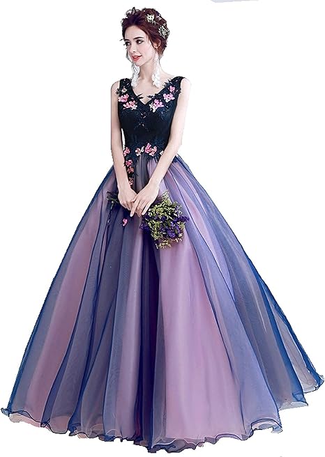 Amazon ワンピース ドレス Vネック ロング丈 レースアップ Aライン ノースリーブ 紺 パープル装飾 パーティードレス 通販