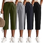 Neer 4 Pack Women's Capri Pants Wide Leg Yoga Capri Sweatpants Drawstring Summer Lounge Loose Fit Cropped Pants with Pockets