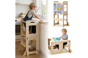 labebe Toddler Standing Tower for 12M+, Montessori Foldable Learning Standing Tower with Blackboard, Anti-tip Structure Design,Wooden Kitchen Step Helper Stool for 1-3 Year Old Boy Girl Gift