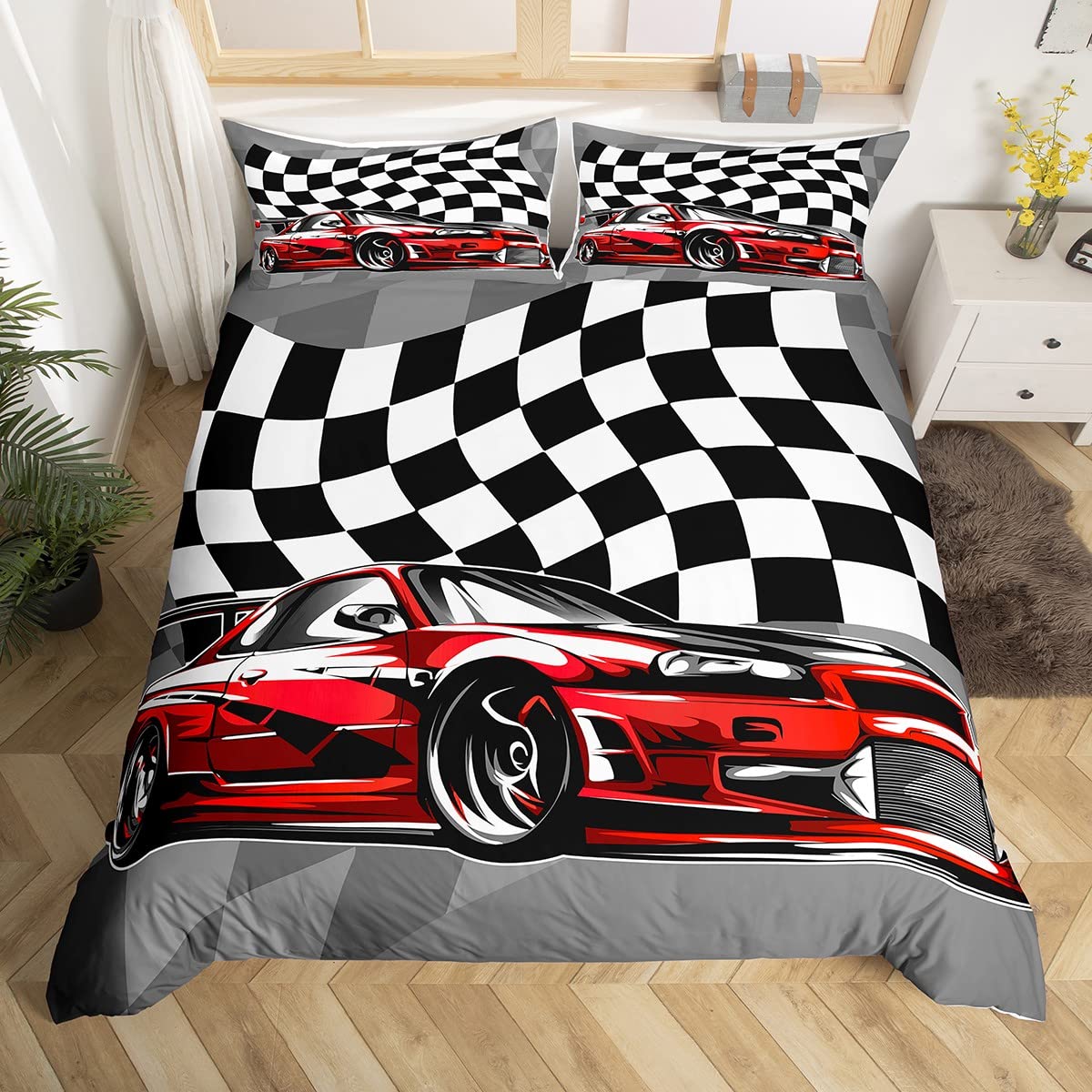 Race Car Bedding Set Red Sports Car Duvet Cover for Boys Girls 2 Pieces Kids Teens Back White Plaid Flag Microfiber Comforter Cover with 2 Pillowcase(Double)