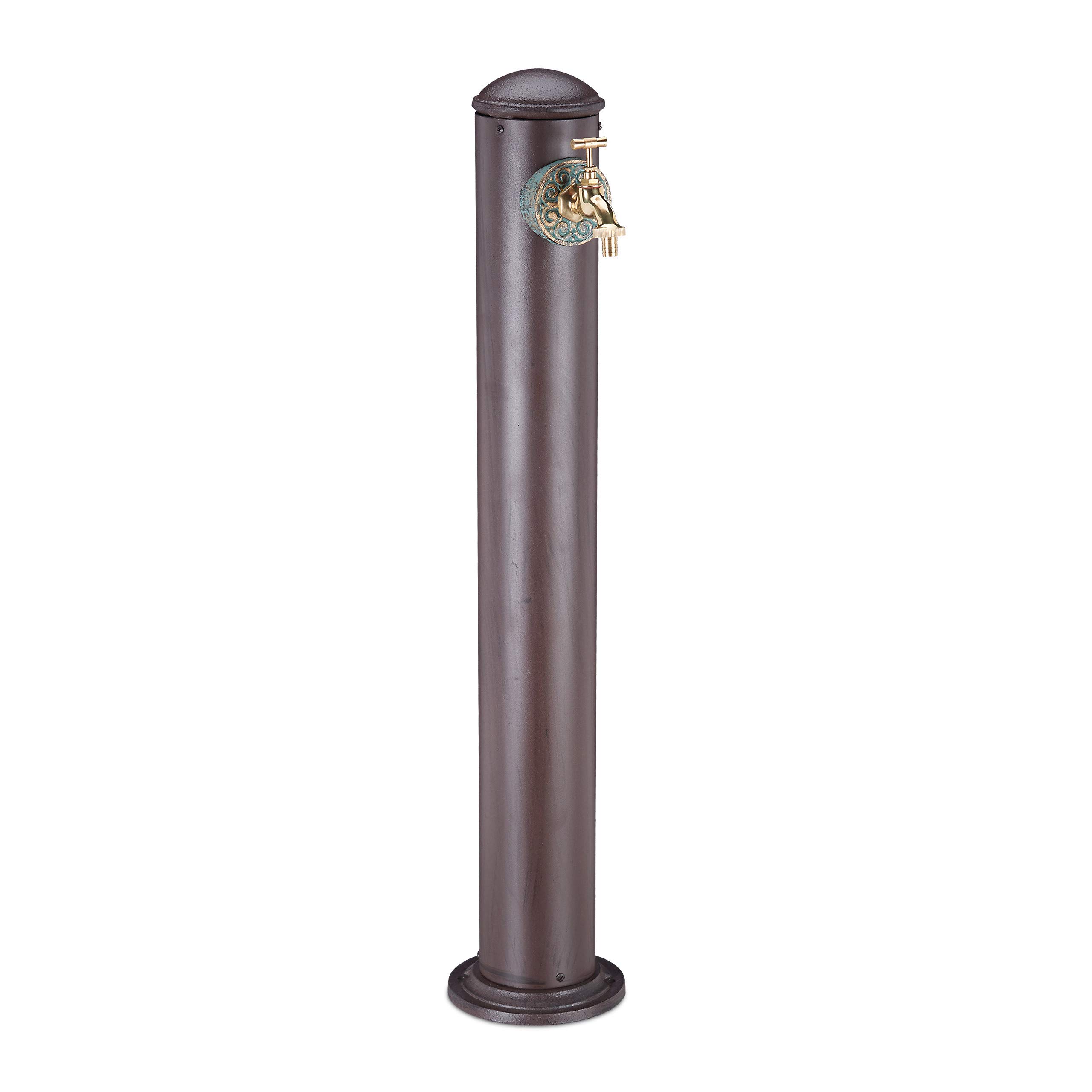 Relaxdays Garden Water Fountain Column, Antique Style, With Faucet, 3/4” Connector, Round Station, 91 cm Tall, Brown