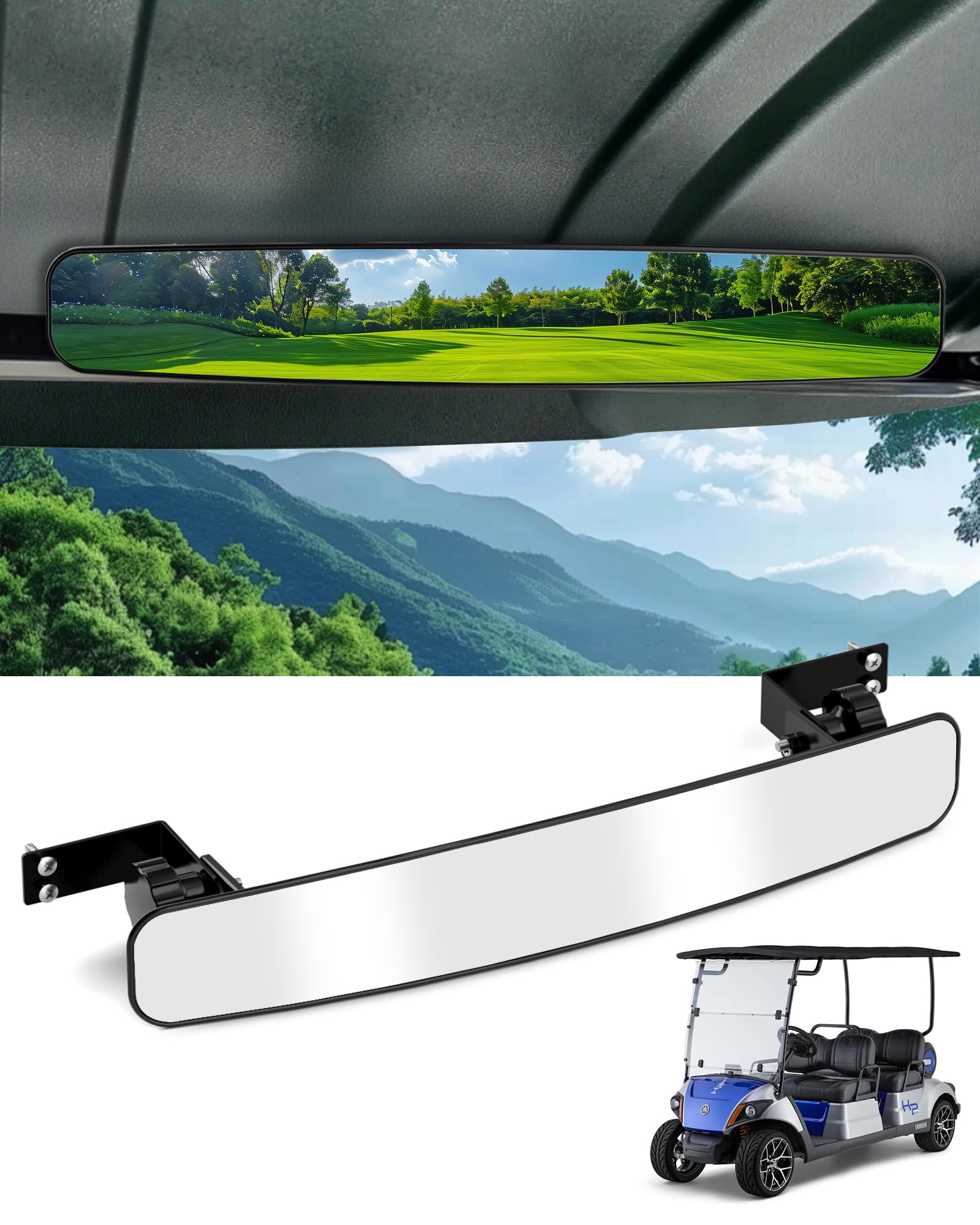 Photo 1 of HOWBOW Golf Cart Rear View Mirror for EZGO Club Car Yamaha, Universal Panoramic Adjustable Rotatable 270° Full Rearview, 16.5" Wide Mirror Golf Cart Accessories for TXT RXV DS Precedent