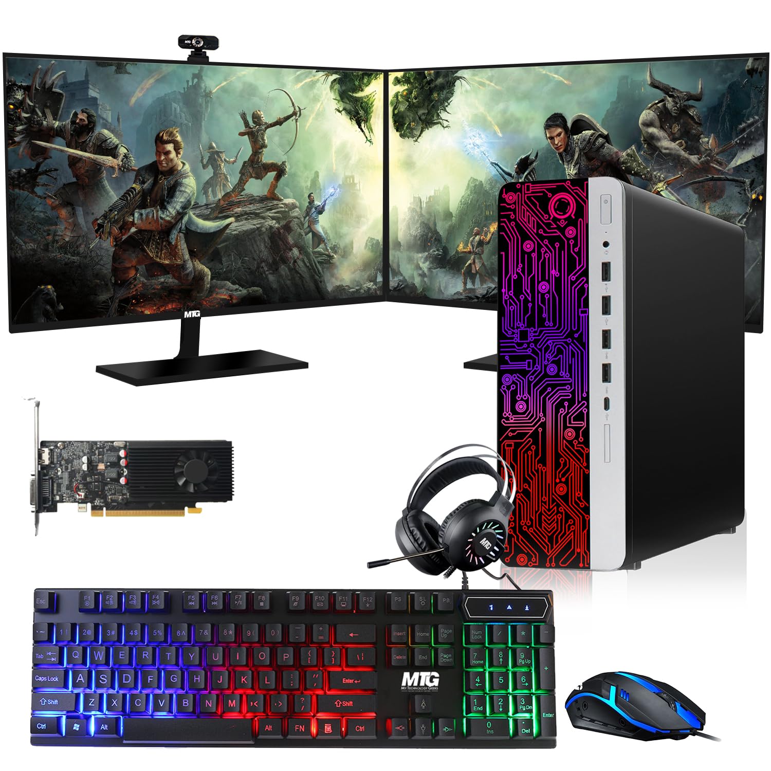 TechMagnet HP G3 Gaming Desktop PC, Intel Core i7 6th Gen, GT 1030 Graphics, 16GB RAM, 240GB SSD | 2TB HDD, RGB Keyboard Mouse, RGB Headphone, Webcam, New Dual MTG 24 inch Monitor Windows 11 Pro (Renewed)
