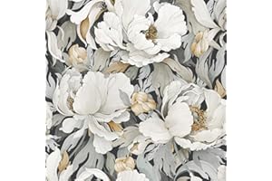 MuralPeel White Poppies Floral Modern Grey Peonies Flowers Peel and Stick Wallpaper Self Adhesive Removable Easy Peel Off Stick on Wall Paper for Bedroom Renter
