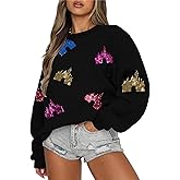 UNIQUEONE Oversized Sequins Bow Sweatshirt - Women Magic Kingdom Sweater Pastel Graphic Coquette Tee Holiday Pullover