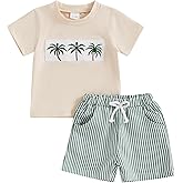 Finegoodwei Toddler Baby Boy Summer Outfits Short Sleeve Embroidered T Shirt Tees + Striped/Plaid Shorts Infant Clothes Set