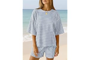 Womens 2 Piece Lounge Sets Short Sleeve Crew Neck Sweatsuit Casual Striped Matching Sets Travel Beach Vacation Outfits