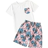 Floerns Boy's 2 Piece Outfit Summer Tropical Short Sleeve Tee Shirt and Shorts Set