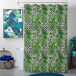 Cortinas de ducha con rayas blancas y negras con rosas de hoja de