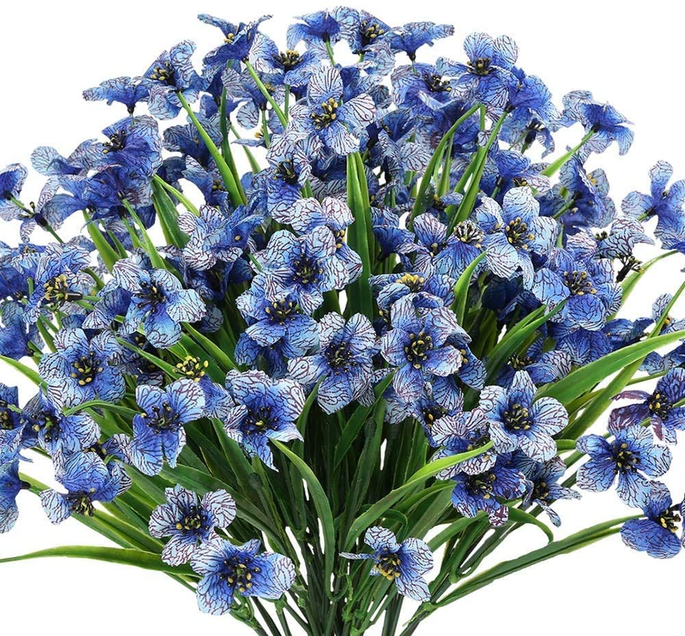Ruiuzioong Artificial Violet Flowers Outdoor UV Resistant Fake Flowers 6pack No Fade Faux Plastic Plant Shrubs Greenery for Indoor Outside Hanging Planter Window Box Patio Home Decor (Blau)