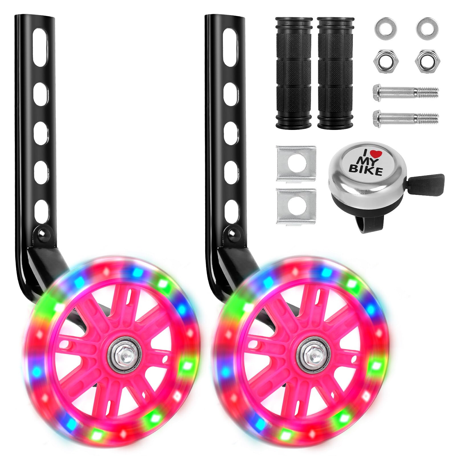 Foreverup Stabilisers for Childs Bike, Bike Stabilizers Training Support Wheels Mute Flash Wheels, Bicycle Stabiliser with Bell & 2 Grip for Childs, for 12 14 16 18 20 Inch Bikes, Pink