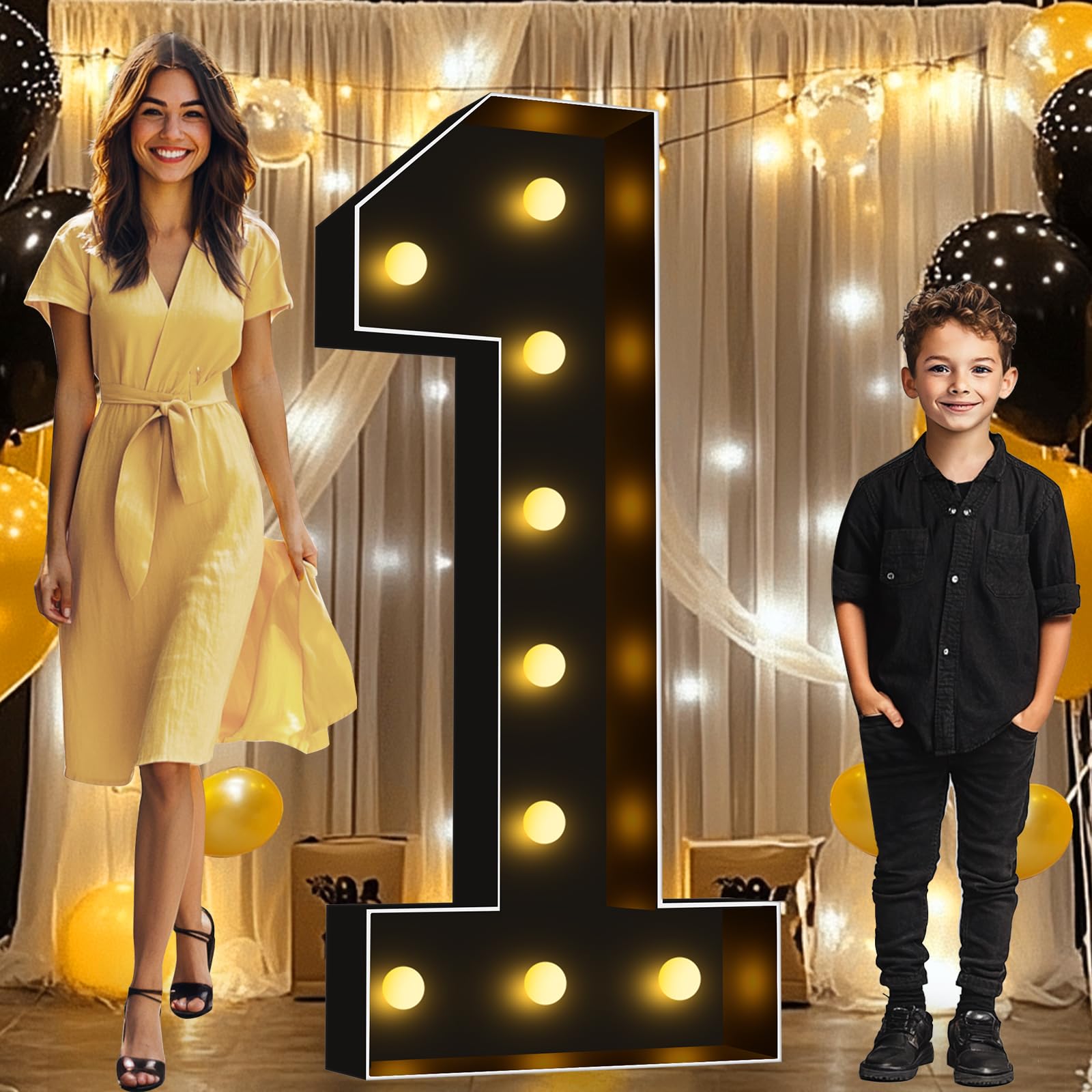 Photo 1 of Pooqla 4 FT Light Up Marquee Numbers, Black Letter Big Mosaic Numbers 4 Feet Tall for 1st 16th 21st Birthday, Giant Marquee Number Lights for Balloons Party Anniversary Wedding Decorations, Number 1