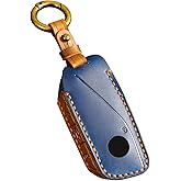 OLLEN Screws-Free Genuine Leather Key Fob Cover Fit for BMW 2023-2025~up New 5/7 Series 740i 760i X1 X2 X3 X5 X6 X7 XM IX IX3 I5 I7 etc, with Key Ring, Blue