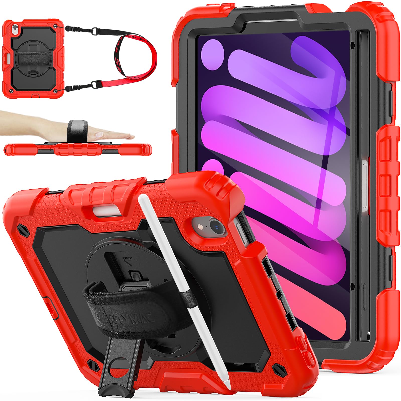 SEYMAC stock Case for iPad Mini 7 (A17 Pro)/ Mini 7th/6th Generation Case 8.3 inch(2024/2021), Full-body Shockproof Cover with 360° Rotating Stand/Hand Strap, Screen Protector & Pencil Holder, Red