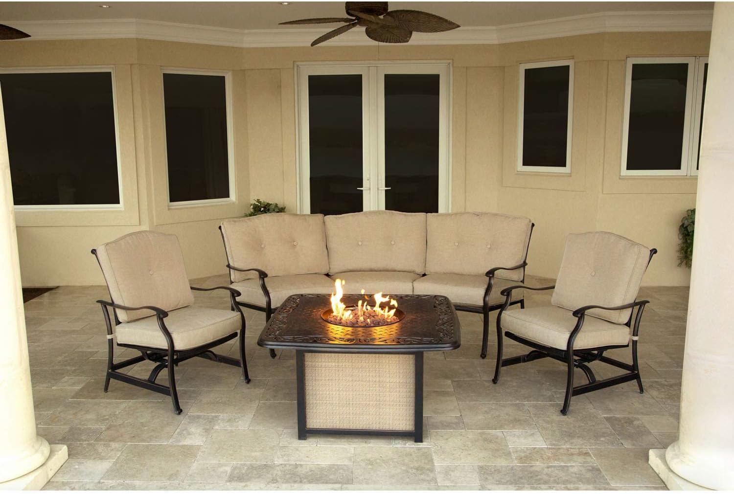 Hanover 4-Piece Traditions Outdoor Cast Top Fire Pit Lounge Set, Natural Oat/Antique Bronze