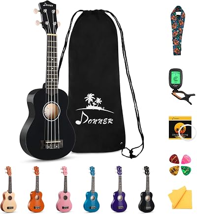 Donner Soprano Ukulele Beginner Kit 21 inch with Tuner, Bag, Straps, Extras