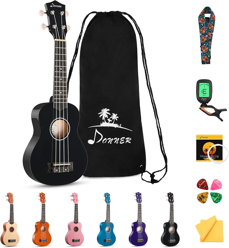 Donner Soprano Ukulele Beginner Kit 21 inch with Tuner, Bag, Straps, Extras