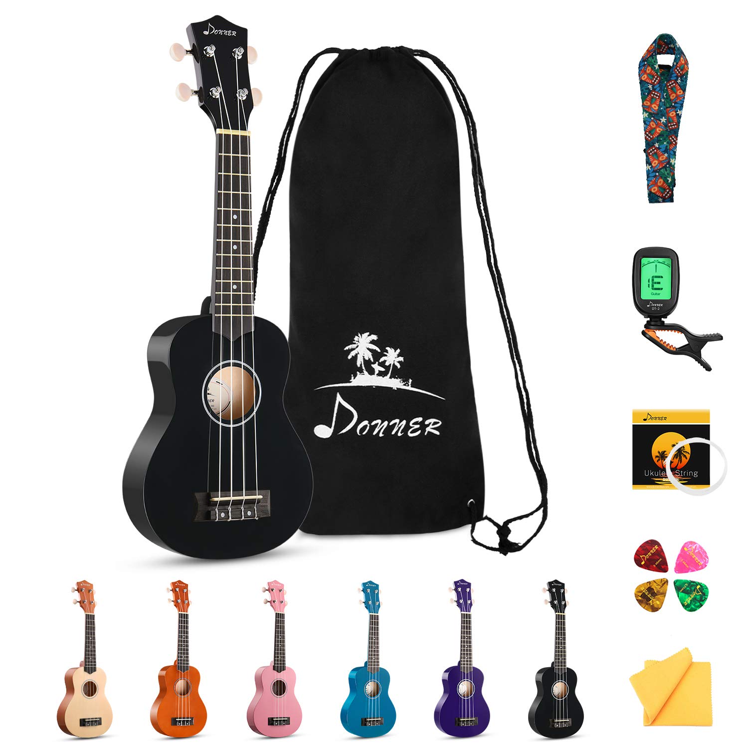 Donner Soprano Ukulele Beginner Kit Ukulele 21 inch Starter Set Adult Ukelele Hawaii Guitar with Uke Oneline Lesson String Tuner Picks DUS-10 Black