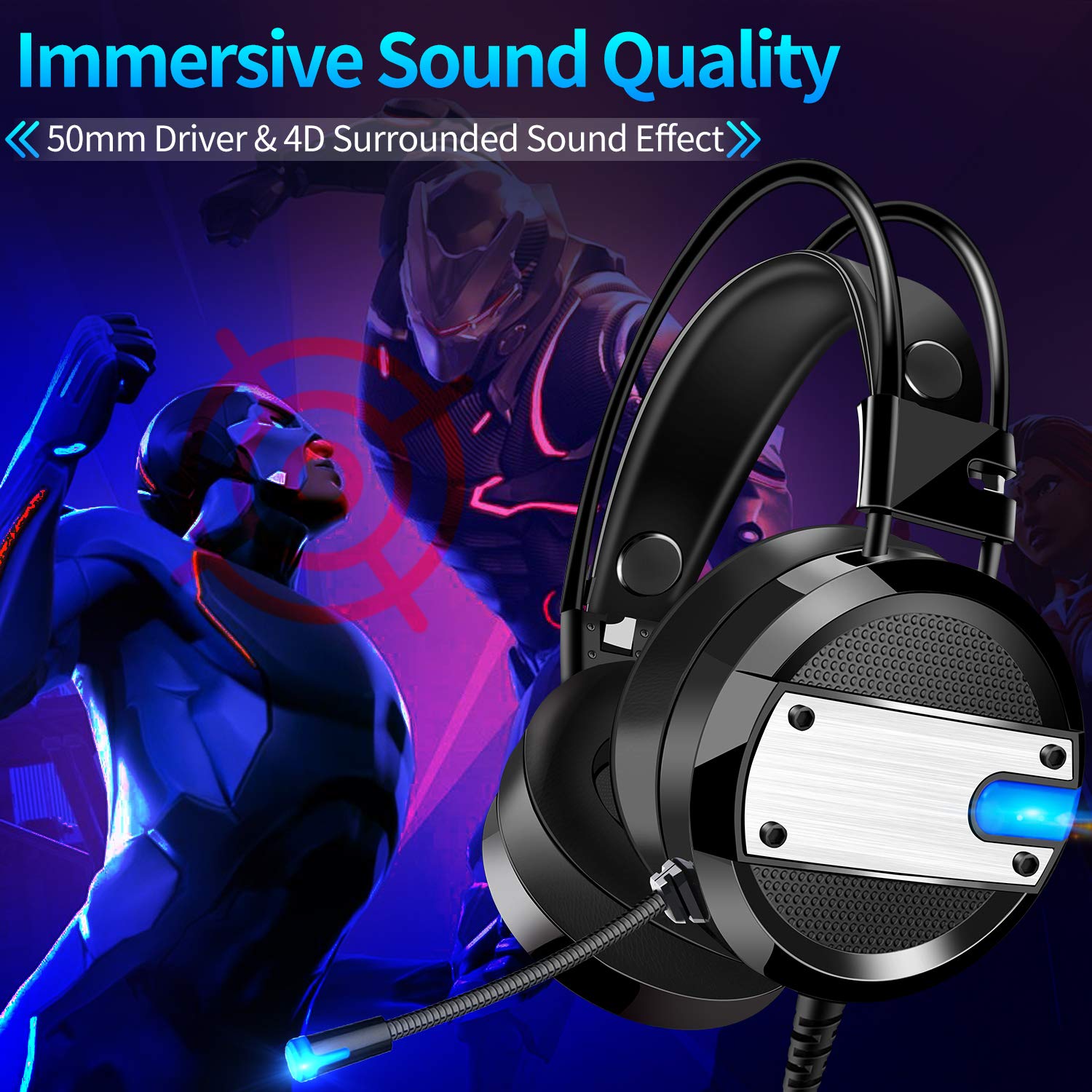 GYORGKSHI Over–Ear Headphone, LED Light Headphones Wired Headsets with Adjustable Microphone,3.5mm Adapter Gaming Headset for Xbox One, S, PS4, PC