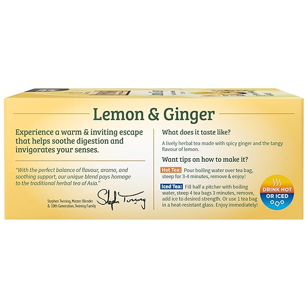 TWININGS LEMON & GINGER HERBAL TEA INDIVIDUALLY WRAPPED BAGS, 100 COUNT (PACK OF 1), TANGY LEMON, SPICY GINGER, NATURALLY CAFFEINE-FREE, ENJOY HOT OR ICED, 100 TEABAGS