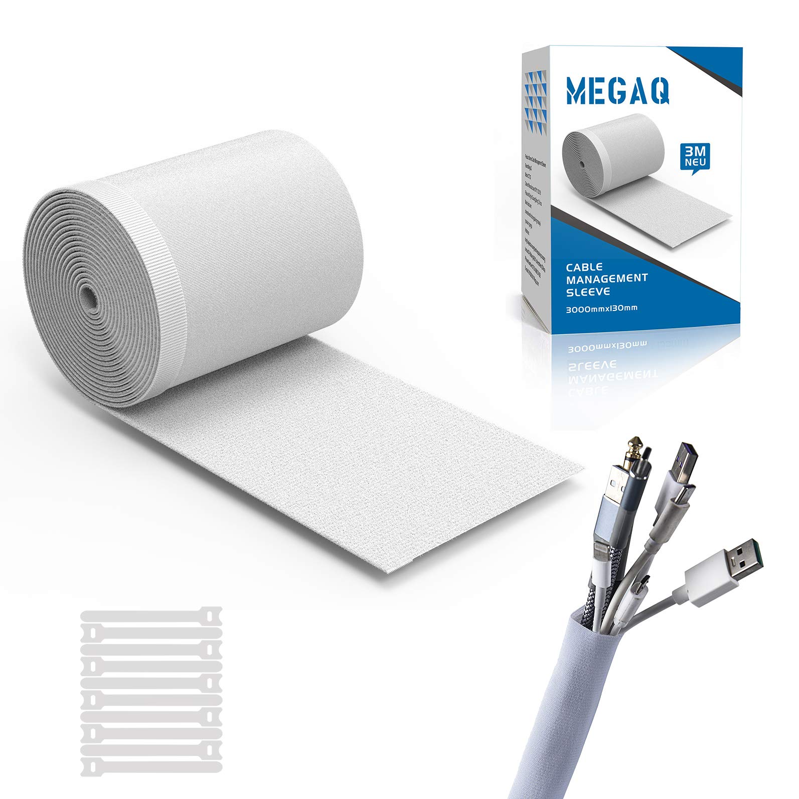 Cable Management Sleeves, MEGAQ Cuttable Neoprene Cord Management Organizer System,3000mm130mm,DIY by Yourself, Adjustable Reversible Wire Hider,White