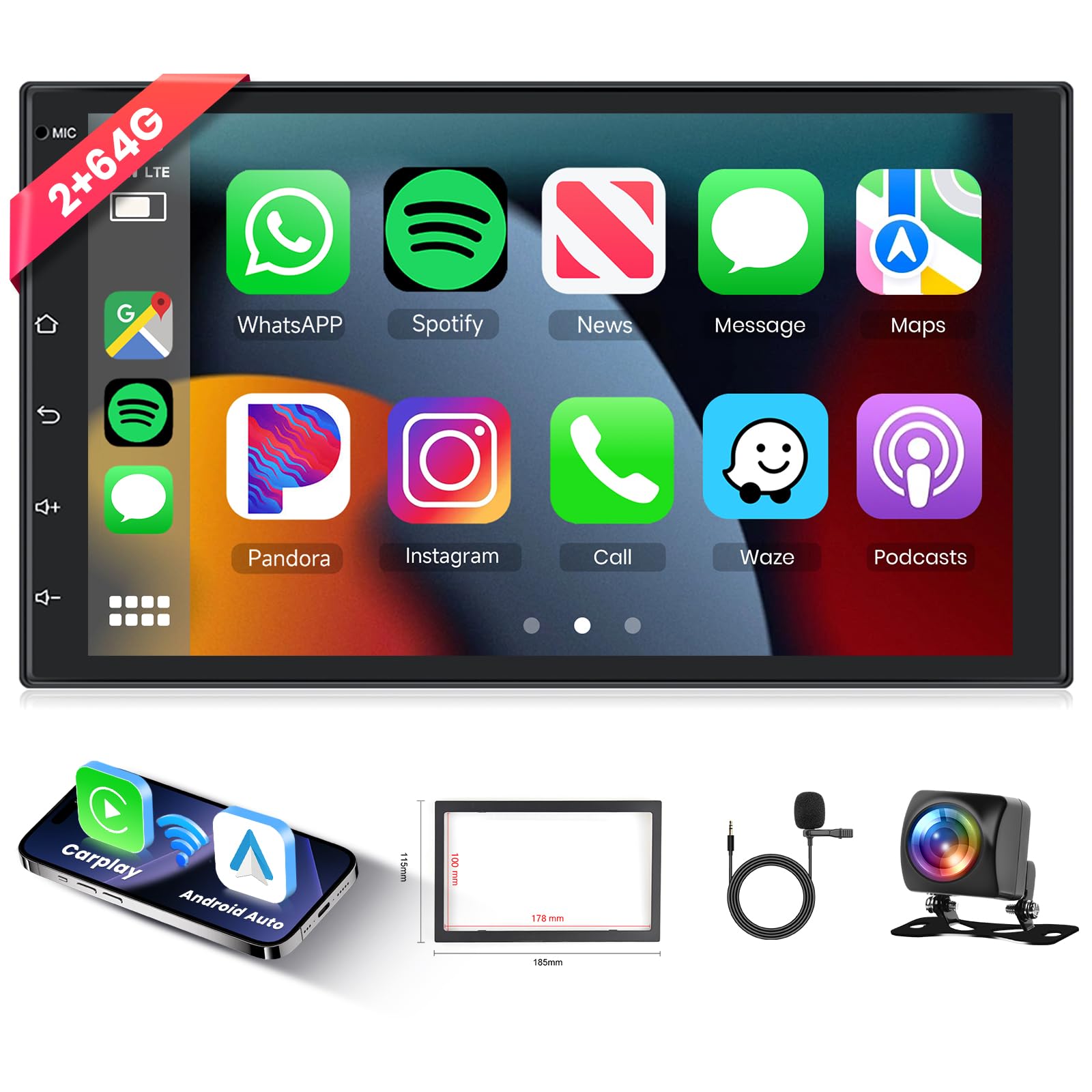 Hodozzy 2GB+64GB Car Stereo Double Din mit GPS Navi Android mit Wireless Carplay, Android Auto, 7 Inch Touchscreen 1080P Screen Car Radio Stereo, Bluetooth, Hifi, FM/RDS, Wifi, AHD Camera, USB 2 Din