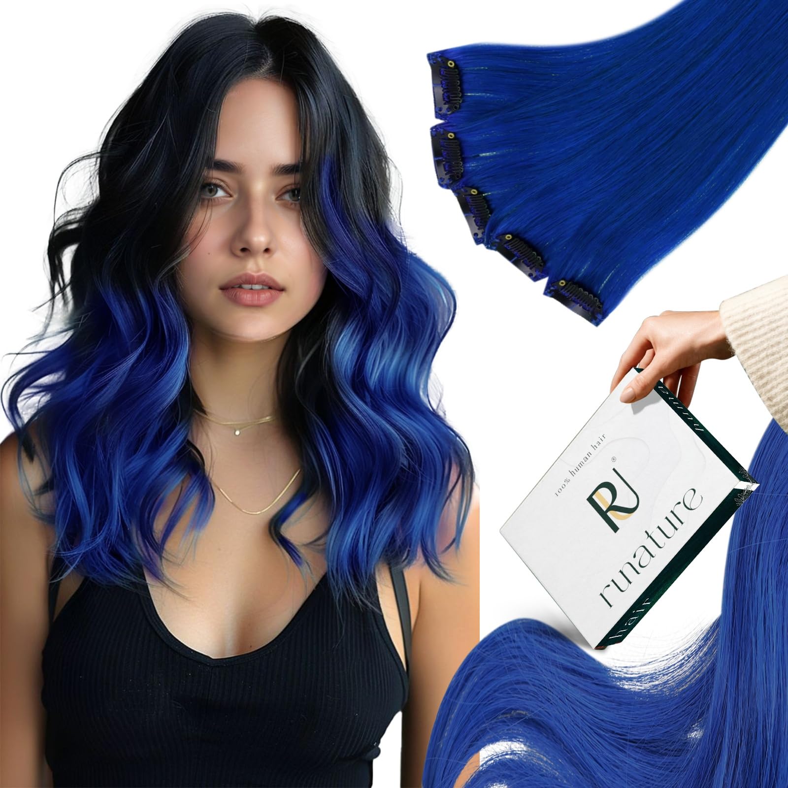 RUNATURE Human Hair Extensions Clip in 14 Inch Blue Clip in Hair Extensions Real Human Hair Colored Clip in Extensions Blue Human Hair 25gram 5PCS — image 1