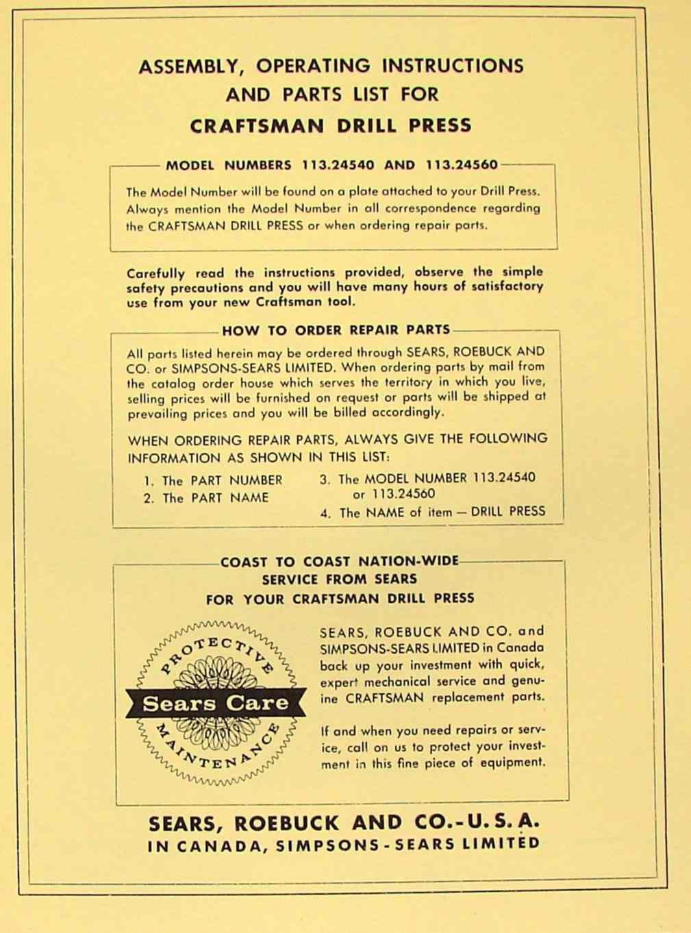 CRAFTSMAN 113.24540 & 113.24560 Drill Press Instruction & Parts Manual  Plastic Comb – 1900