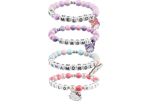 Hello Kitty Sanrio Bracelets for Girls, 4 Pack Anime Kawaii Charm Jewelry, Stretch Beaded Friendship Bracelet Set, Cute Stuff, Gifts for Girls