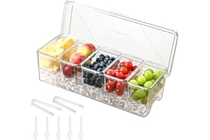 Uni HIMO Large Chilled Condiment Caddy,Stackable Chilled Condiment Containers Server with Lids for 5 Removable Compartments (5 Containers, 1 pack)