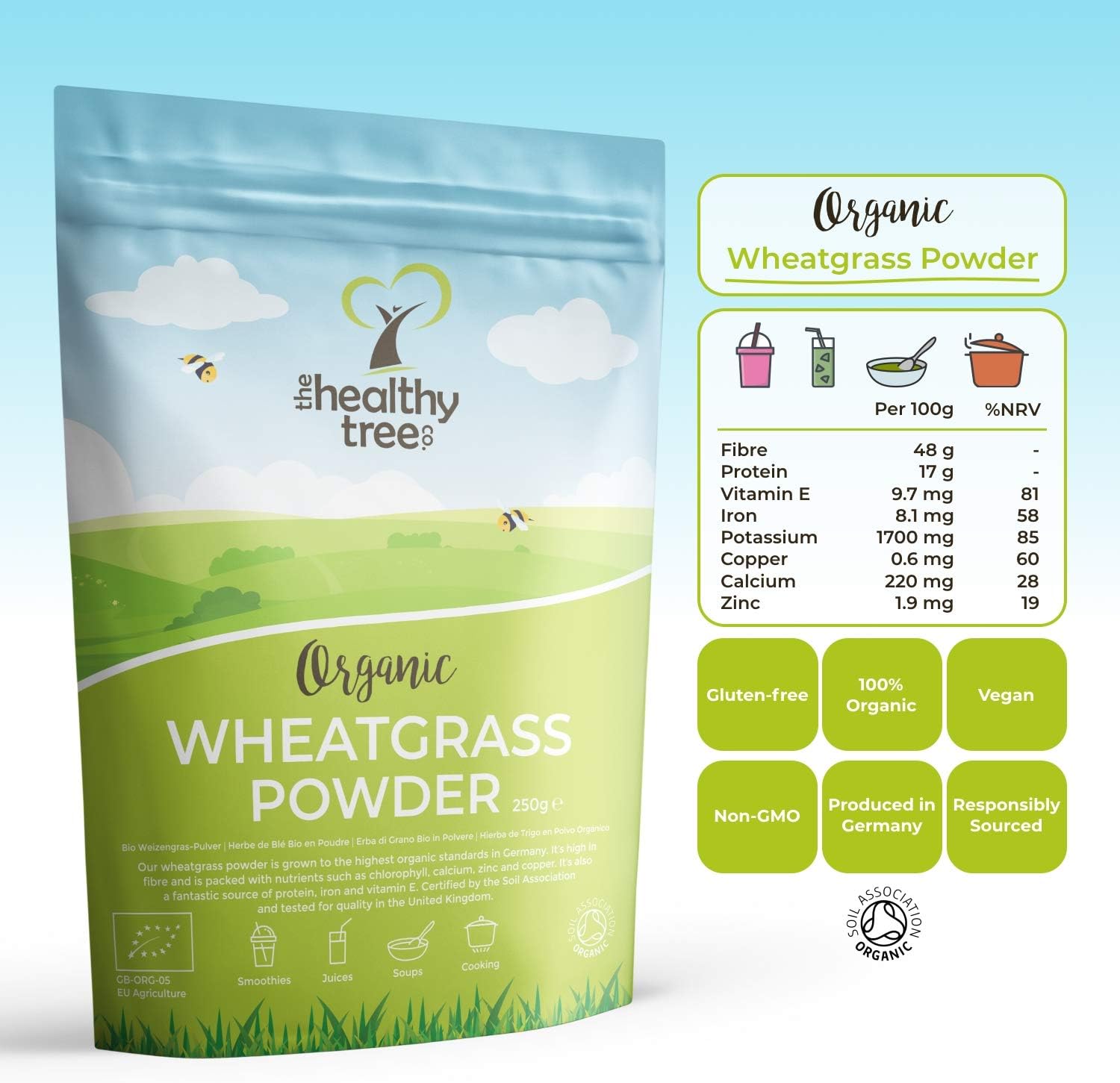 Organic Wheatgrass Powder by TheHealthyTree Company, High in Fibre, Vitamin E, Potassium and Iron - Image 3