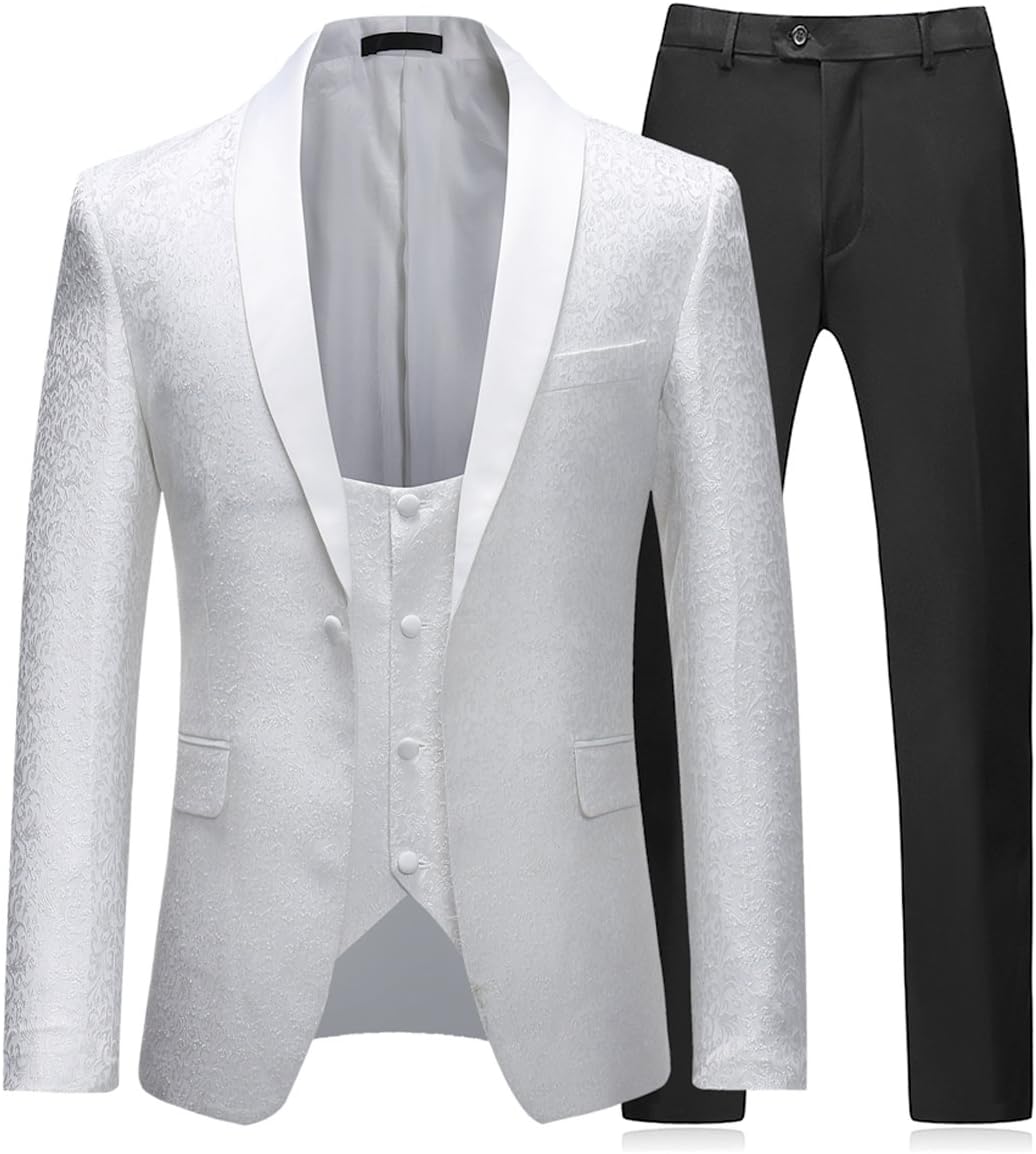 Boyland Mens 3 Piece Tuxedos Slim Fit Floral Vintage Groomsmen Wedding Suit Outfit Jacket