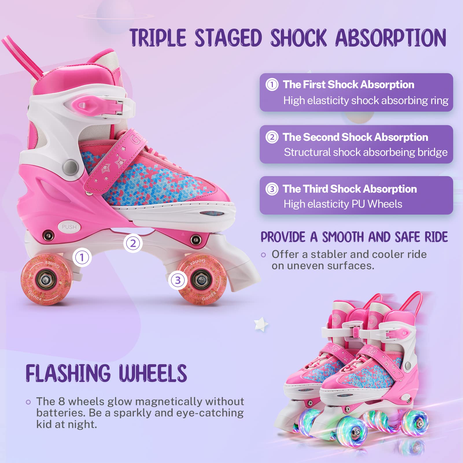 Gonex Verstellbar Rollschuhe, Leuchtenden Rädern Roller Skates für Mädchen Jungen Kinder Erwachsene (S (31-34) EU, ROSA) 5