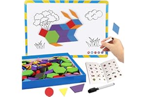 Vanmor 216PCS Magnetic Pattern Blocks Set Complete with 298 Pattern Book Magnet Board Magnetic Shapes for Kids Educational Montessori Tangram Toy for Children Aged 3 8 Portable Travel Game