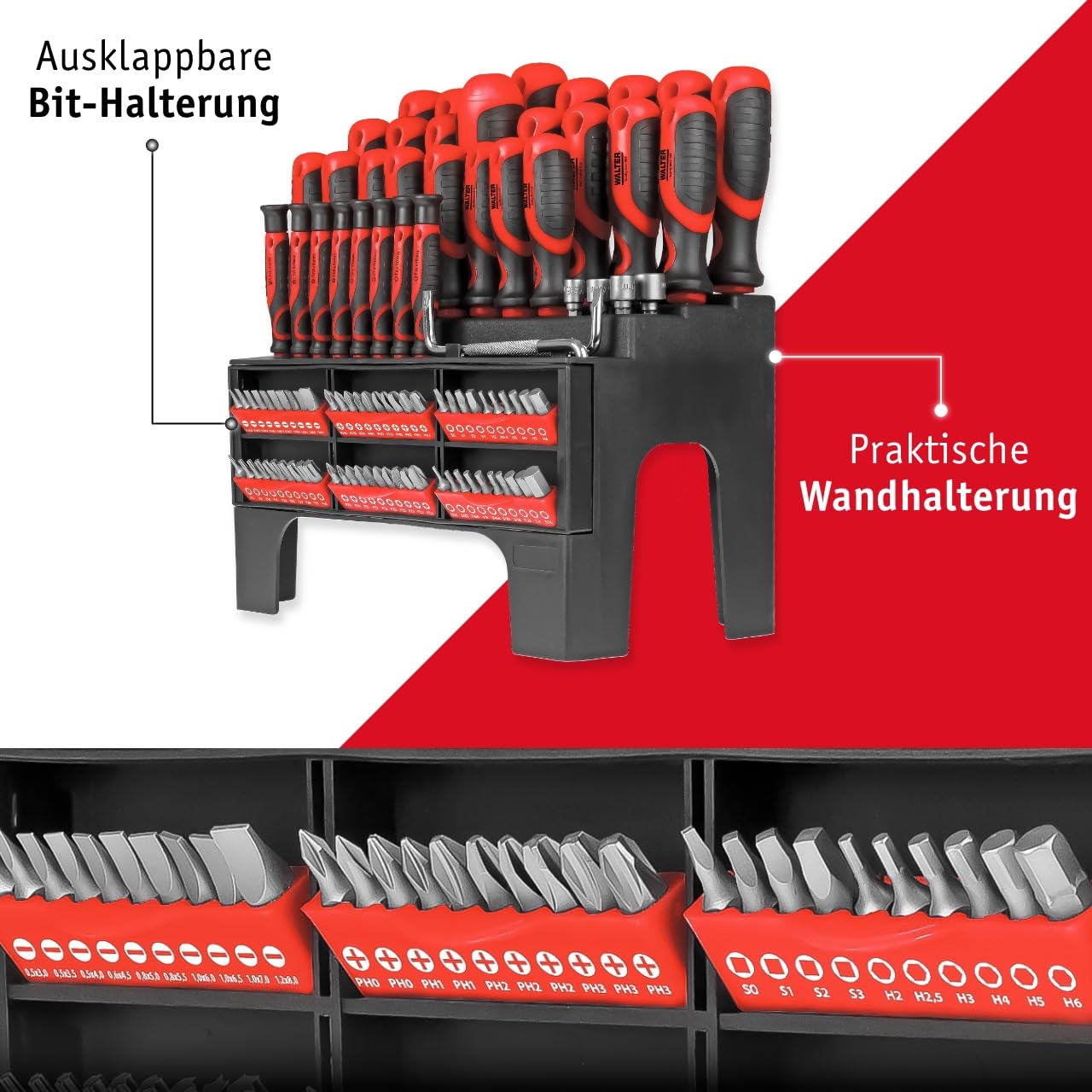 WALTER XXL Schraubendreher- & Bit-Set 100-teilig – Geschenk für Papa, Männer + Handwerker –inkl. Präzisions- & Winkelschraubendreher, Stecknüsse, Ratschen-Schrauber – Kreuzschlitz, Sechskant 8