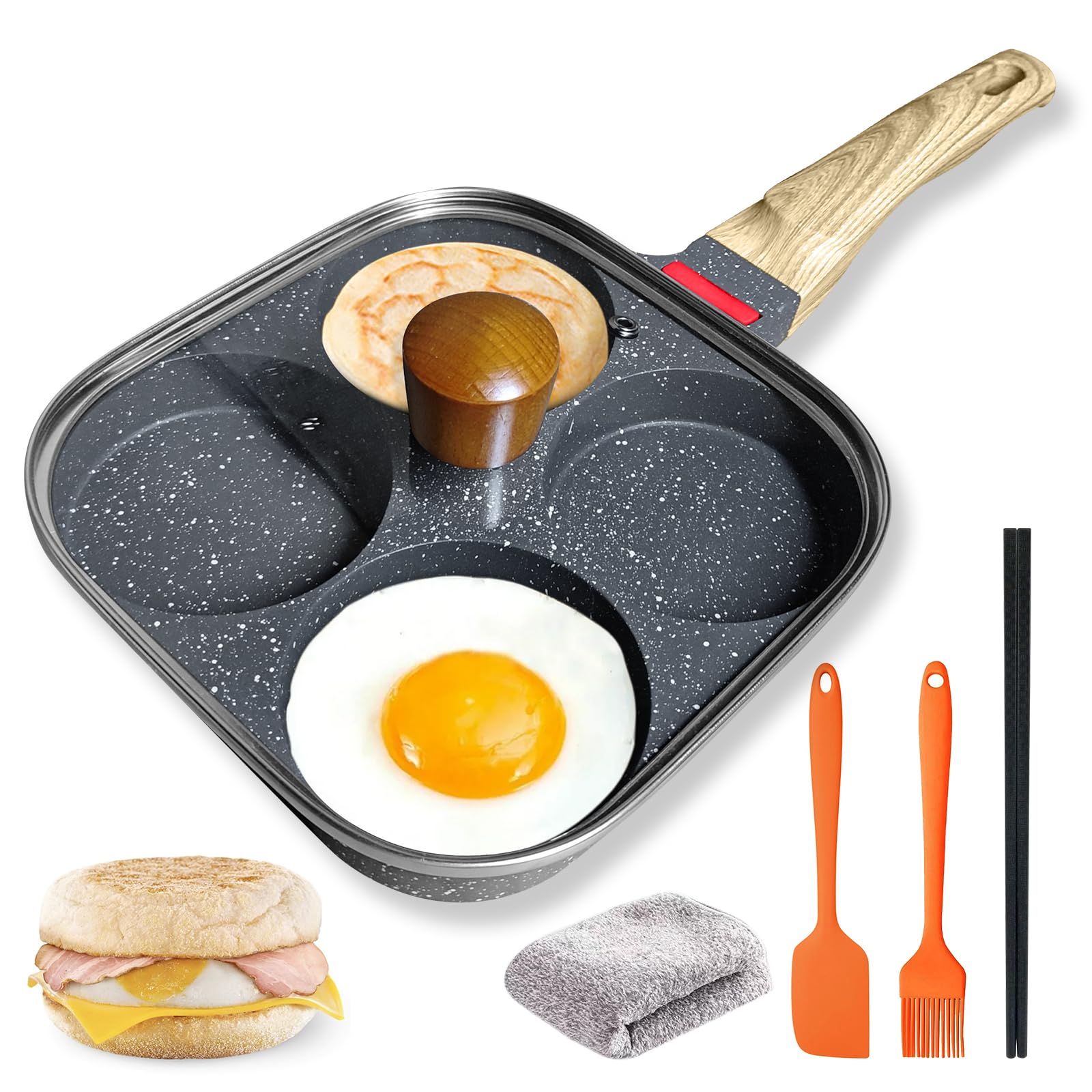 Photo 1 of ***MISSING HANDLE*** Ywmoml 4?Cup Nonstick Egg Pan Set with Lid – Aluminum Omelette Skillet for Breakfast, Includes Silicone Scraper, Oil Brush, Chopsticks & Cleaning Cloth – Compatible with Gas & Induction Cooktops