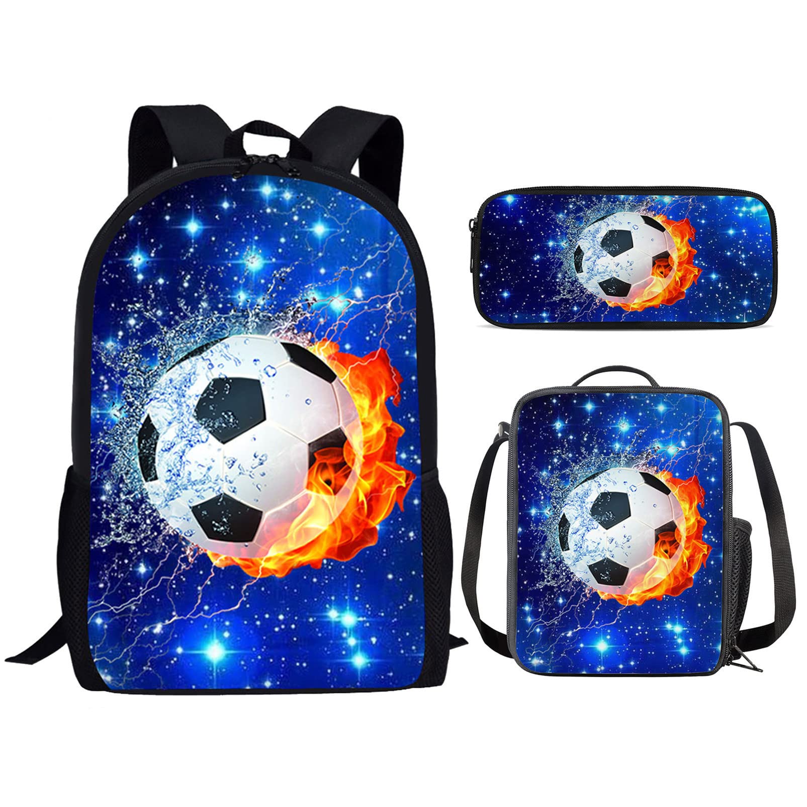 HUIACONG Fire Football Rucksack for Boys Girls School Bag and Lunchbox Pencil Case Set,Blue Starry Backpack Preschool Student Kids Bookbag with Pocket