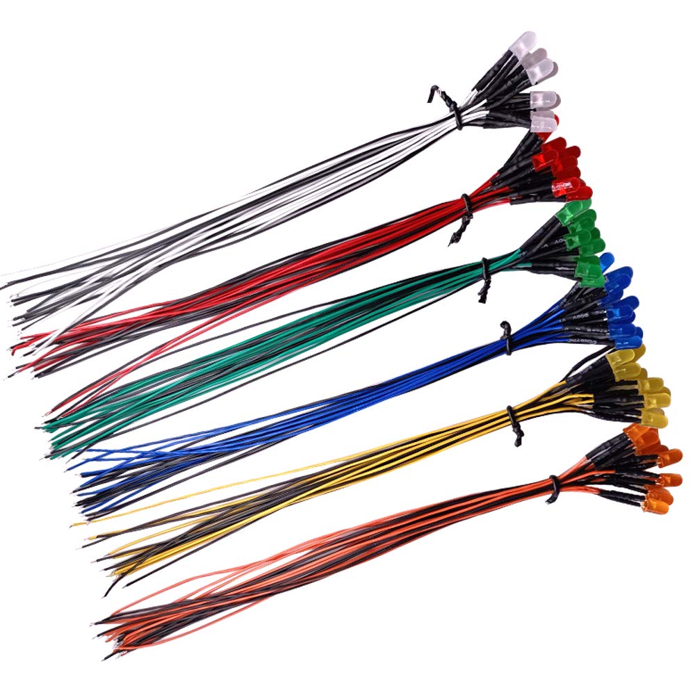 YIXISI 60 PCS 5mm LED Diodes Light 6 Colors (Each Color 10 PCS) with Diffused Colored Lens, Ultra Bright 12V 20cm Pre Wired, Orange/White/Red/Blue/Green/Yellow