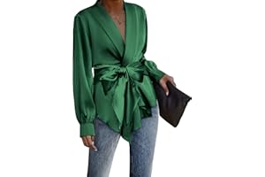ACEVOG Women's Satin Blouse Wrap Tie Waist or Open Front Shirt Silk Drape Dressy Long Sleeve Top