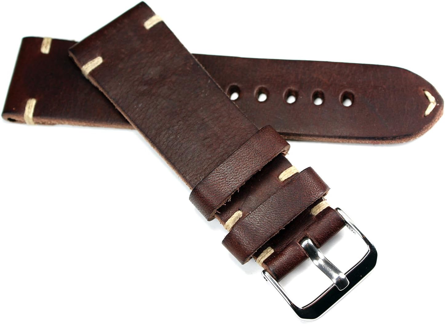 RIOS1931 handmade retro leather strap/band, dark brown with white stitching, top quality, 24 mm/22 mm