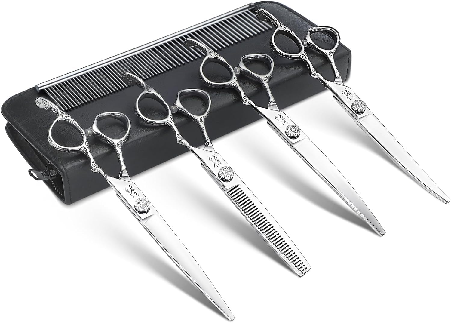 JASON Professional 6 in 1 Dog Scissors Set - 6.5" Thinning, 7" Straight, 7" Up-Curved, 7" Down-Curved Shears and Comb for Cat, Pet (Silver)