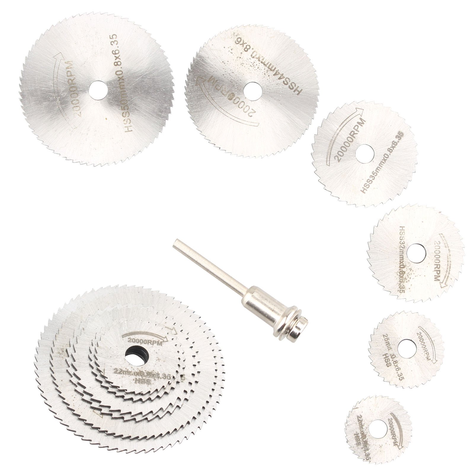 HALJIA 7pcs HSS Mandrel Saw Blade Circular Wood Cutting Discs for Dremel Rotary Tool Cutoff Cutter with 1 Extension Rod Wheel 22 25 32 35 44 50mm for Timber Plastic Fiberglass Copper Aluminum